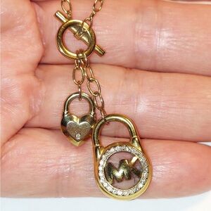 Michael Kors Gold Plated  Double Layered Heart MK Crystal Lock Necklace